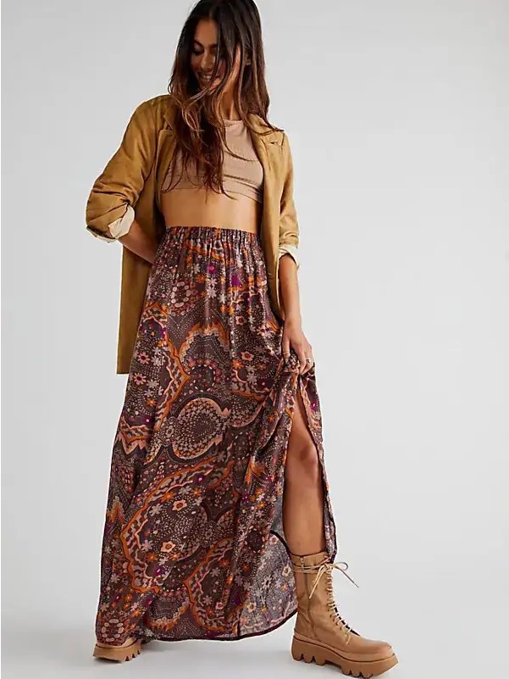 Free People Printed Brown Paisley Maxi Skirt Annalise Floral XS 2 4